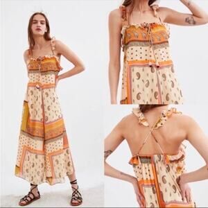 Zara NWT Orange Boho Paisley Patchwork Print Ruffle Size XS